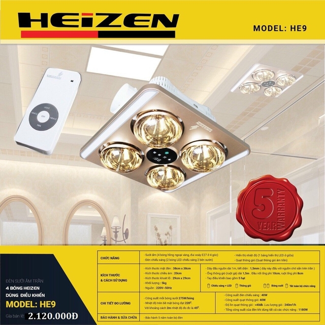 Khám phá tính năng đèn sưởi nhà tắm Heizen 4 Bóng HE-9