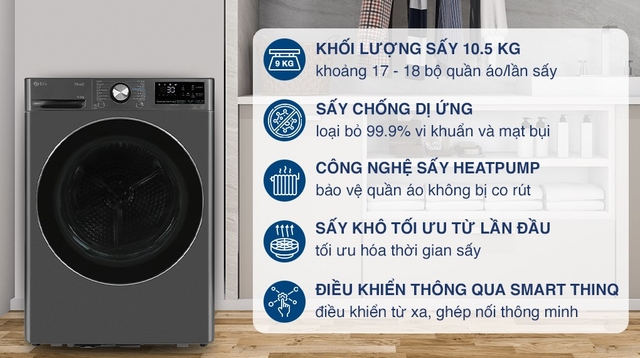 Đặc điểm đáng quan tâm nhất của máy sấy quần áo LG 10.5kg inverter DVHP50P
