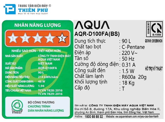 Tủ lạnh Aqua 90 lít AQR-D100FA(BS)