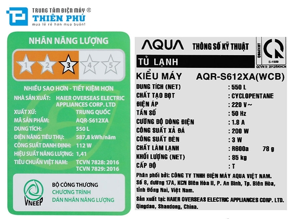 Tủ lạnh Aqua Side By Side Inverter 550 lít AQR-S612XA(WCB)