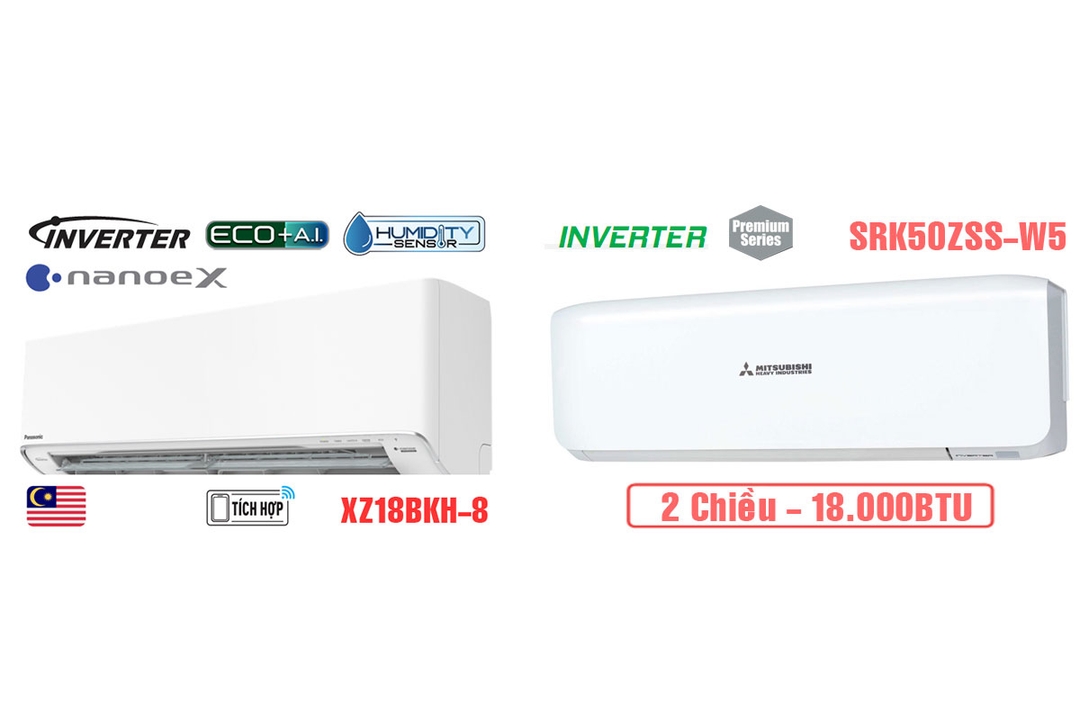 So sánh chi tiết giữa điều hòa Panasonic CS-XZ18BKH-8 và Mitsubishi SRK50ZSS-W5