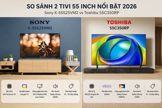 Tư vấn mua tivi 55 inch 2026: Chọn tivi Sony K-55S25VM2 hay tivi Toshiba 55C350RP?