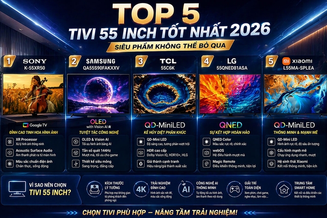 Tivi 55 inch loại nào tốt 2026, top 5 siêu phẩm không thể bỏ qua