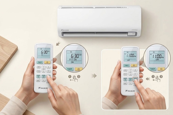 Hướng dẫn cài đặt hẹn giờ bật/tắt điều hòa Daikin inverter FTKB25ZVMV từ A đến Z