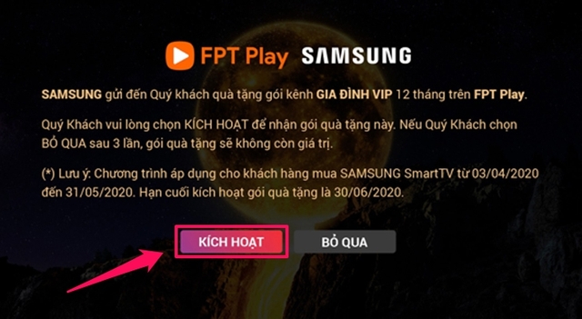 Hướng dẫn nhận gói khuyến mãi FPT Play 30 ngày miễn phí trên Smart tivi Samsung 2019