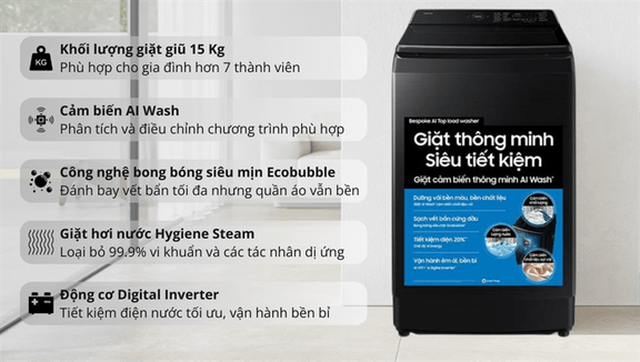 Cách tiết kiệm điện khi dùng máy giặt Samsung lồng đứng WA80F15B6BSV