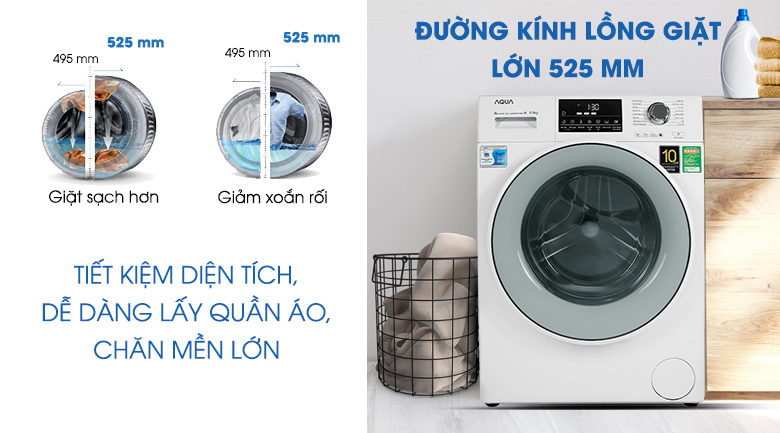 Máy giặt Inverter Aqua AQD-D850E.W 8.5Kg tiết kiệm diện tích 12%, dễ dàng lấy quần áo, chăn mền lớn nhờ lồng giặt lớn 525 mm