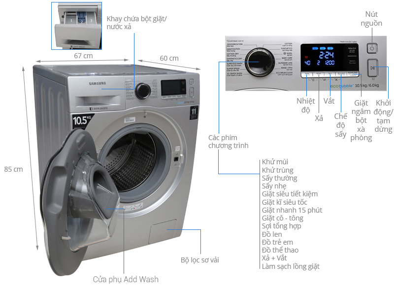 Máy giặt sấy Samsung WD10K6410OS/SV 10.5 Kg có tốt không? Giá bao nhiêu?