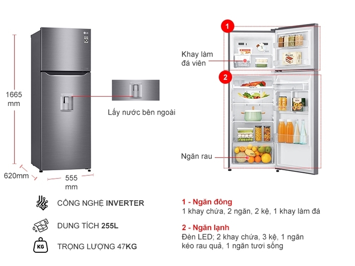 Tìm hiểu tính năng tủ lạnh LG Inverter GN-D255PS được bán chạy nhất hiện nay