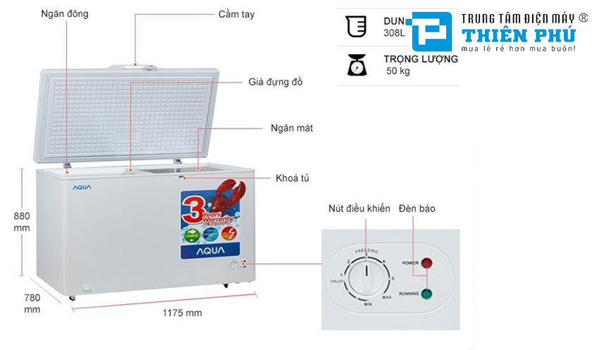 Tủ Đông Aqua Dàn Nhôm AQF-C410 1 Ngăn Dung Tích 308 Lít