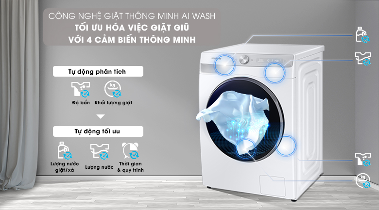 công nghệ AI Wash trên máy giặt Samsung cửa trước 