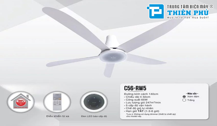 Quạt Trần 5 Cánh Mitsubishi C56-RW5 SF Xám Nhạt