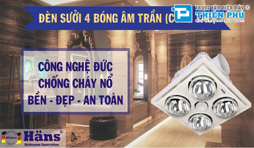 Đèn sưởi nhà tắm Hans âm trần 4 bóng H4B