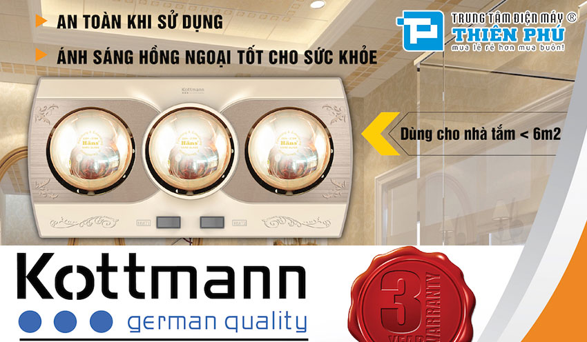 Đèn Sưởi Nhà Tắm Kottmann 3 Bóng Vàng K3B-H/Q
