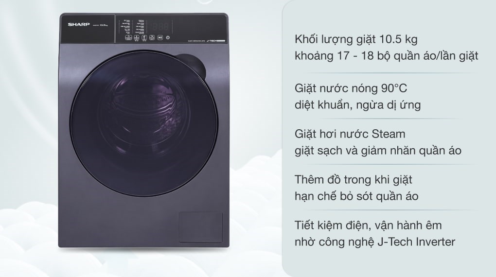 Phân tích khả năng giặt của máy giặt Sharp ES-FK1054PV-S Inverter