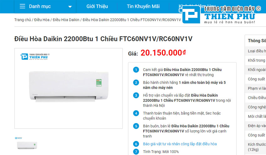 Không phải máy 24000, phòng khách 35m2 nên chọn điều hòa Đaikin 22000 FTC60NV1V