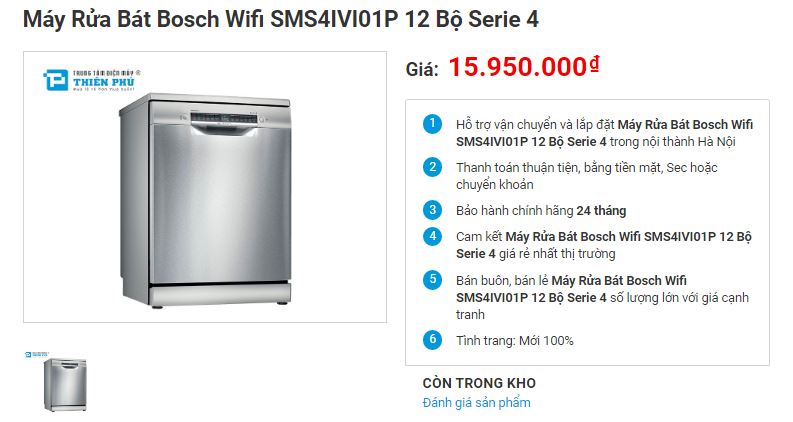 Máy rửa bát Bosch Wifi SMS4IVI01P 12 bộ Serie 4 - lựa chọn thay thế giá hợp lý khi Bosch SMS6ZDI48E Serie 6 hết hàng.