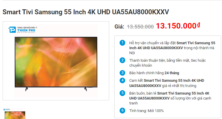 Smart Tivi Samsung 55 Inch 4K UHD UA55AU8000KXXV