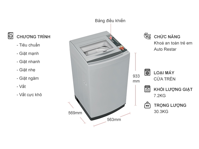 kích thước máy giặt Aqua 7.2Kg AQW-S72CT