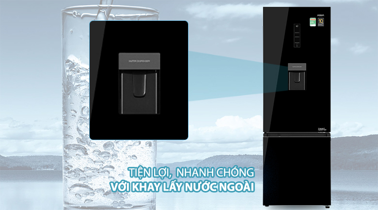 tủ lạnh Aqua Inverter AQR-B379MA(WGB) có khay lấy nước ngoài 
