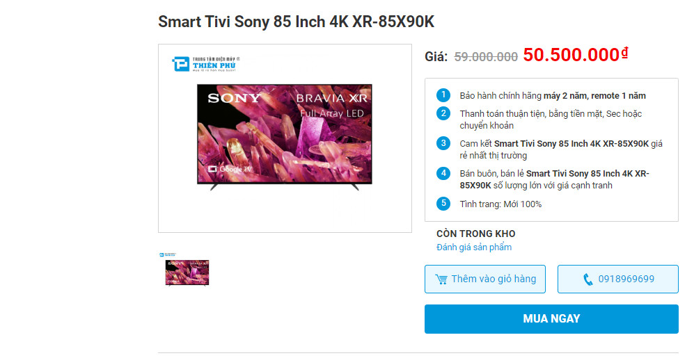 Smart Tivi Sony 85 inch XR-85X90K giảm giá còn 50 triệu đồng có đáng mua không?