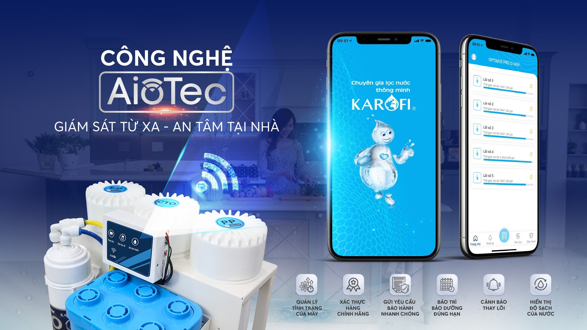 Máy lọc nước Karofi Wifi KAQ-U95 tích hợp công nghệ AioTec