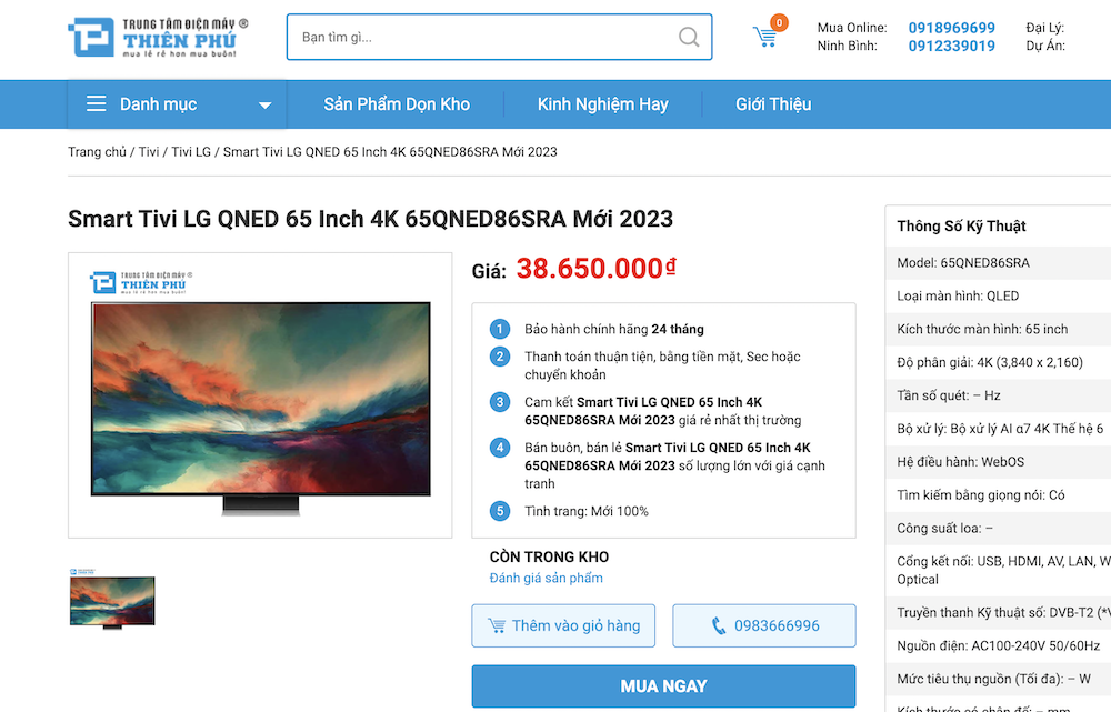 Smart Tivi LG 65 Inch 4K QNED 65QNED86SRA giá bao nhiêu? Mua ở đâu?