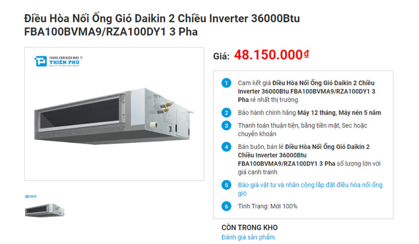 Chế độ bảo hành và giá điều hòa âm trần nối ống gió 36000btu Daikin FBA100BVMA9/RZA100DY1