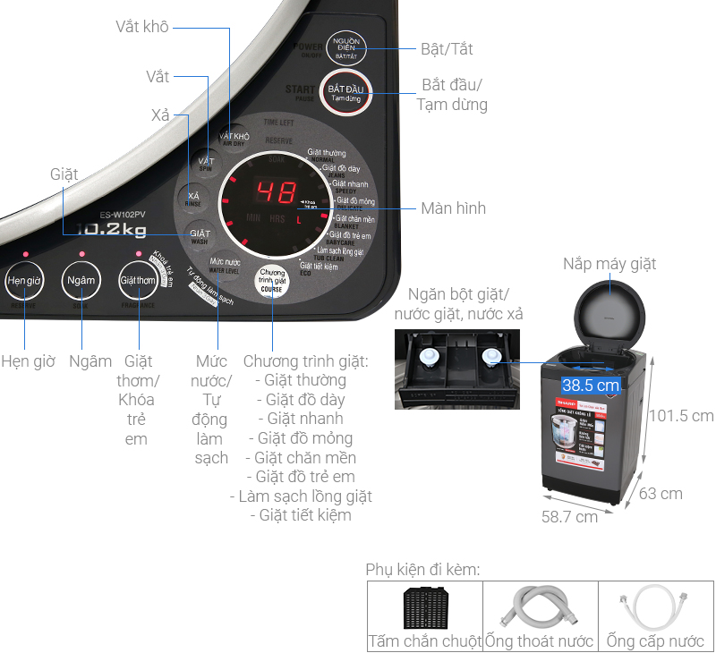 Đặc điểm nổi vật của máy giặt Sharp 10.2kg ES-W102PV-H lồng đứng