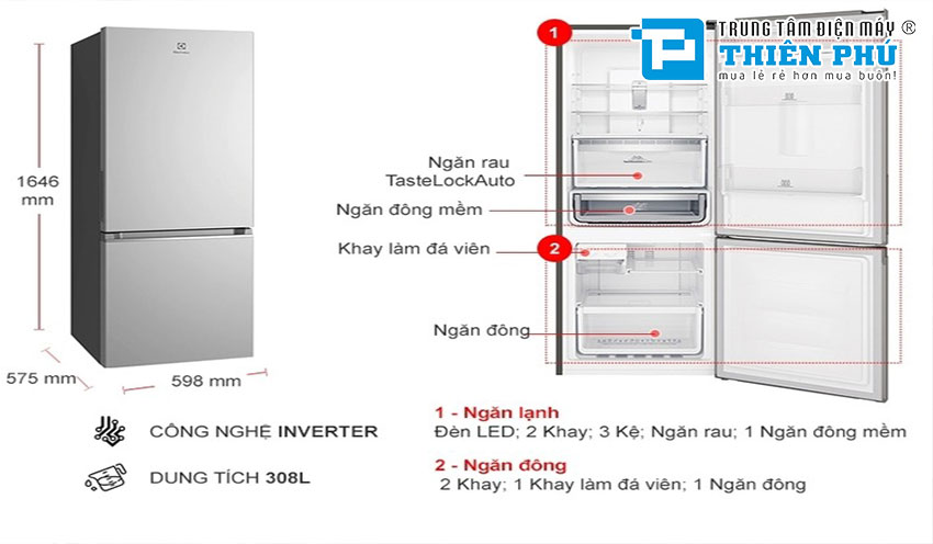 Tủ lạnh Electrolux Inverter 2 cánh EBB3402K-H: Hiện đại, tiết kiệm điện và bảo quản thực phẩm