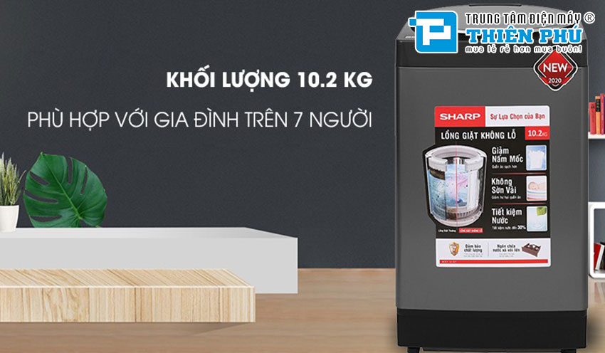 Đặc điểm nổi vật của máy giặt Sharp 10.2kg ES-W102PV-H lồng đứng