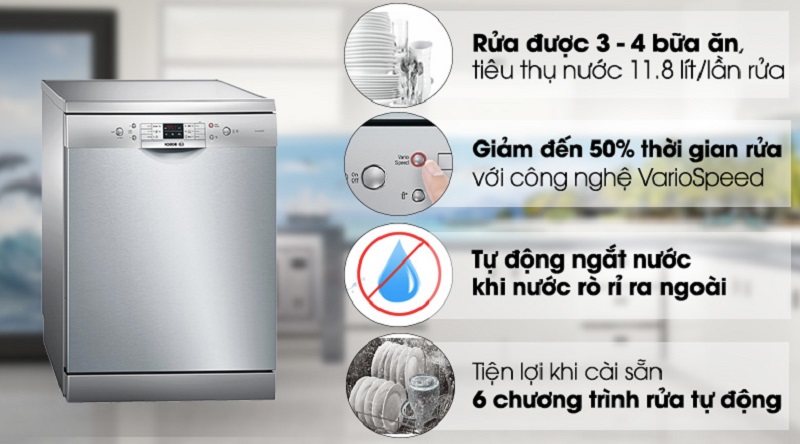 Bosch SMS63L08EA thiết kế độc lập dễ lắp đặt trong mọi không gian