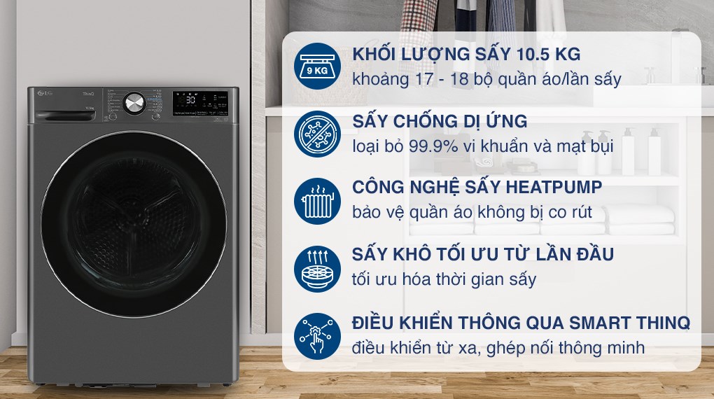 Những công nghệ hiện đại và thông minh có trong máy sấy quần áo LG 10.5kg DVHP50B