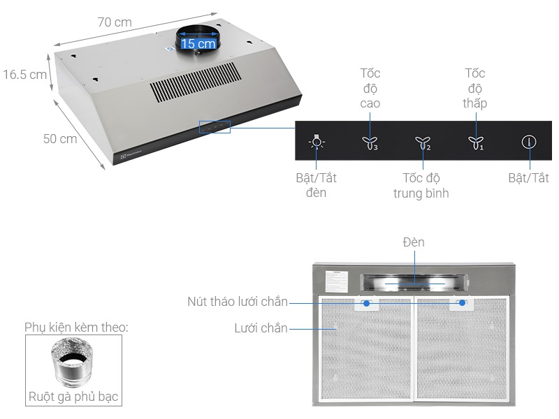 Bảng điều khiển và các chức năng của máy hút mùi Electrolux ERF726SBA