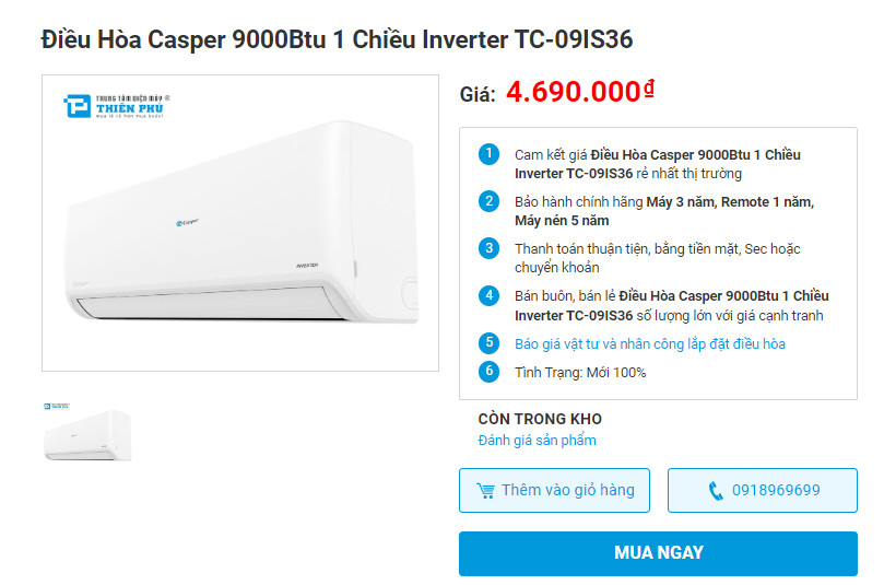 Tài chính 5 triệu có nên lựa chọn Điều Hòa Casper TC-09IS36