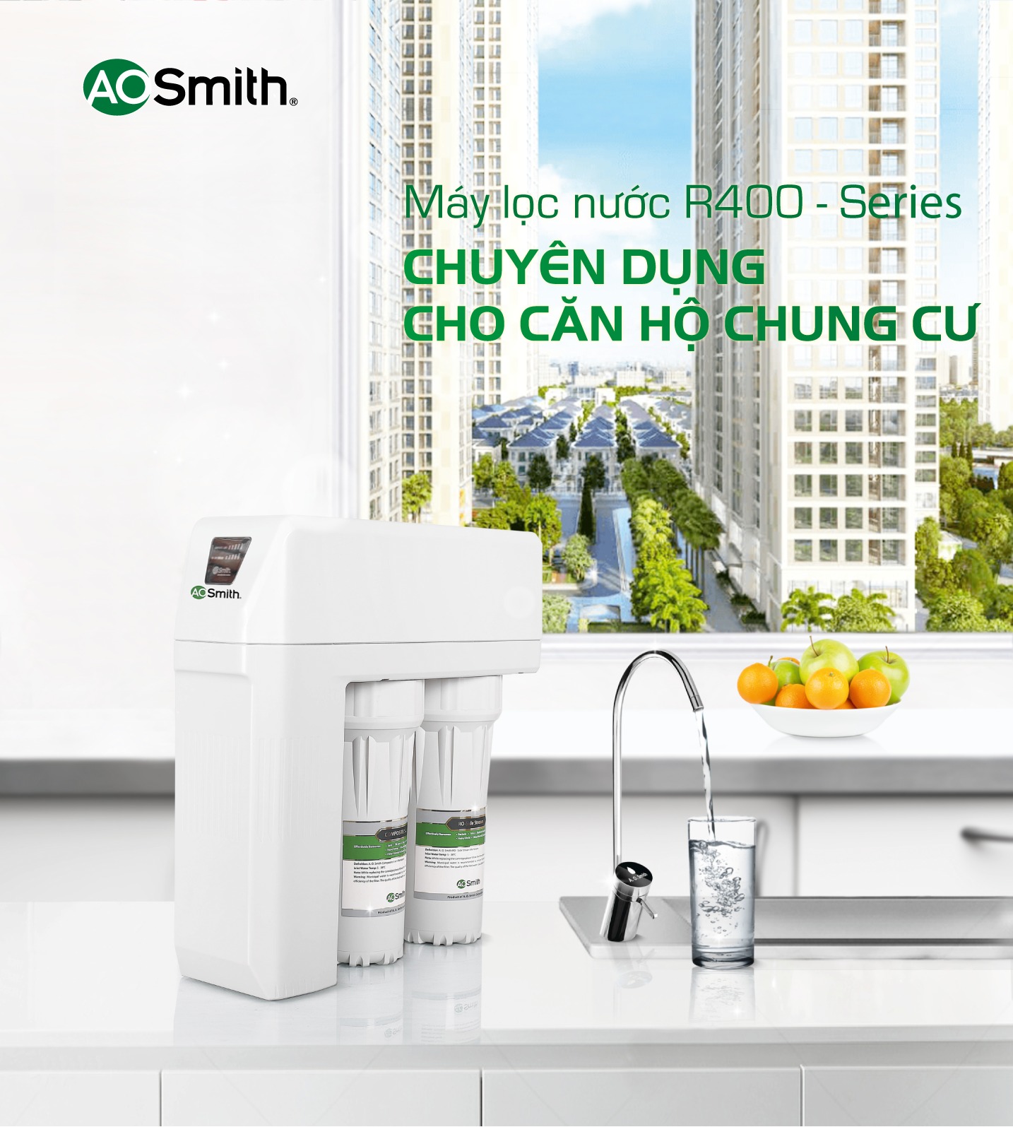 Kích thước máy lọc nước AO Smith R400E vô cùng nhỏ gọn