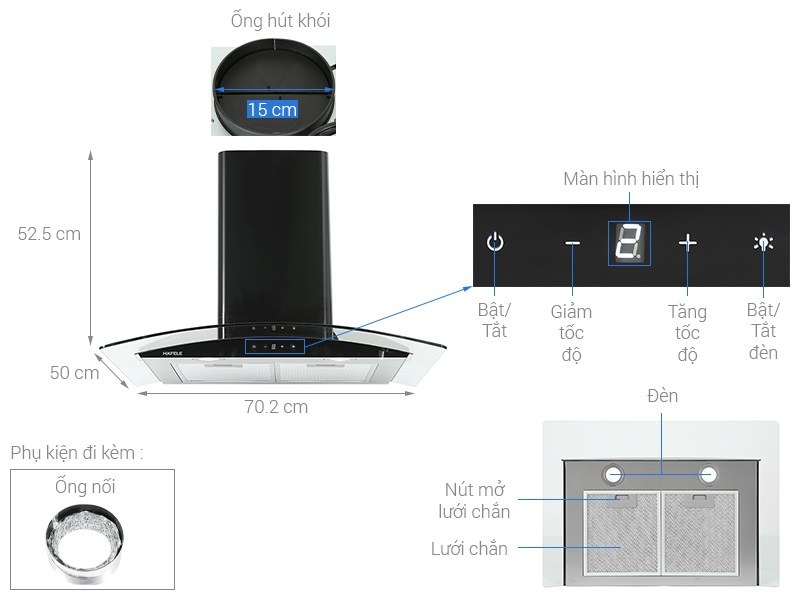 Máy hút mùi Hafele HH-WT70A điều khiển cảm ứng