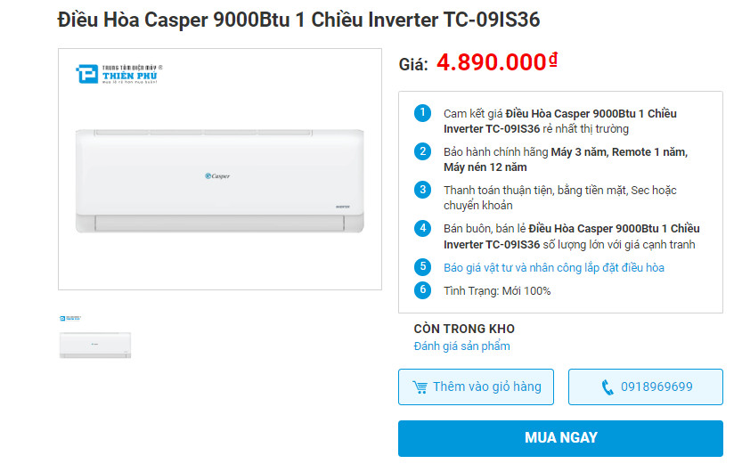 4 lý do nên sắm điều hòa Casper giá rẻ TC-09IS36 cho mùa Hè 2024