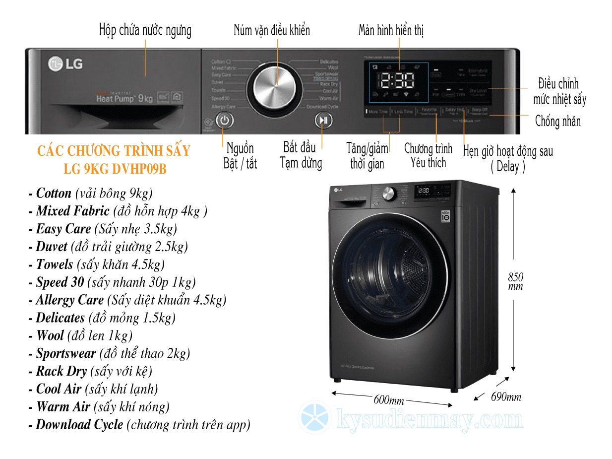 Những ưu nhược điểm cần xem xét khi mua máy sấy quần áo LG 9kg DVHP09B