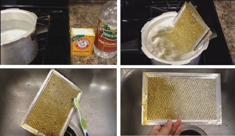 Dùng giấm và baking soda làm sạch lưới lọc máy hút mùi Bosch âm tủ
