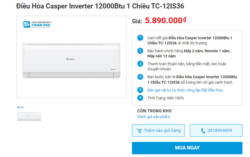 Điều hòa Casper 12000btu 1 chiều TC-12IS36 có đáng mua 2024 không?