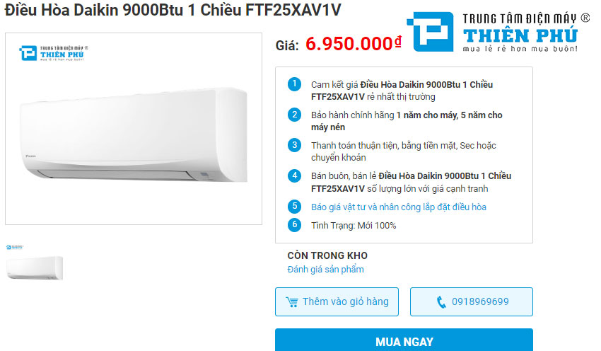 Chọn mua điều hòa cơ, lựa chọn điều hòa Daikin FTF25XAV1V là tốt nhất