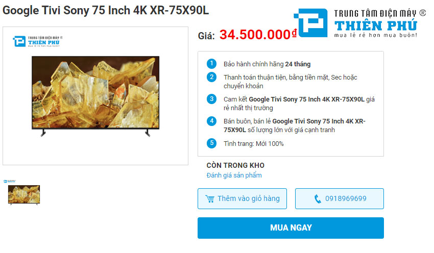 Nên mua hay không? Google Tivi Sony 75 inch 4K XR-75X90L ?
