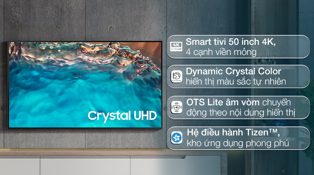 Dưới 9 triệu có ngay tivi Samsung 50 inch UA50BU8000KXXV siêu bền