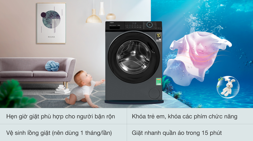 Tìm hiểu chi tiết chiếc máy giặt Aqua inverter AQD-A952J.BK 9,5kg