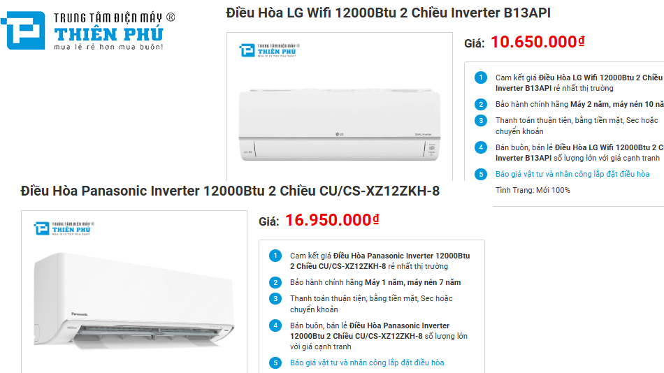 So sánh nên mua điều hòa 2 chiều LG B13API hay Panasonic CU/CS-XZ12ZKH-8