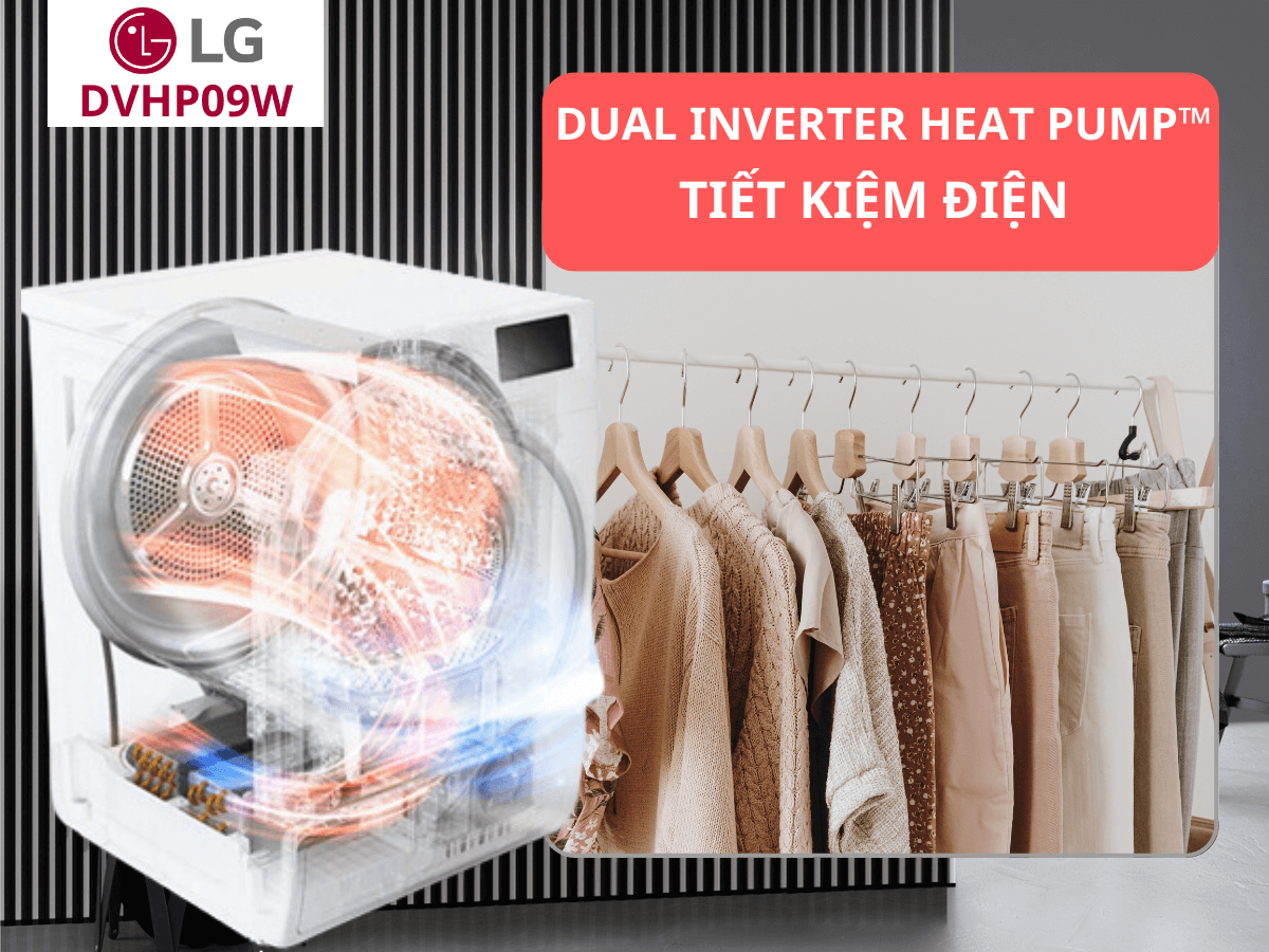 Khám phá ưu điểm nổi bật của máy sấy quần áo LG 9kg DVHP09W màu trắng