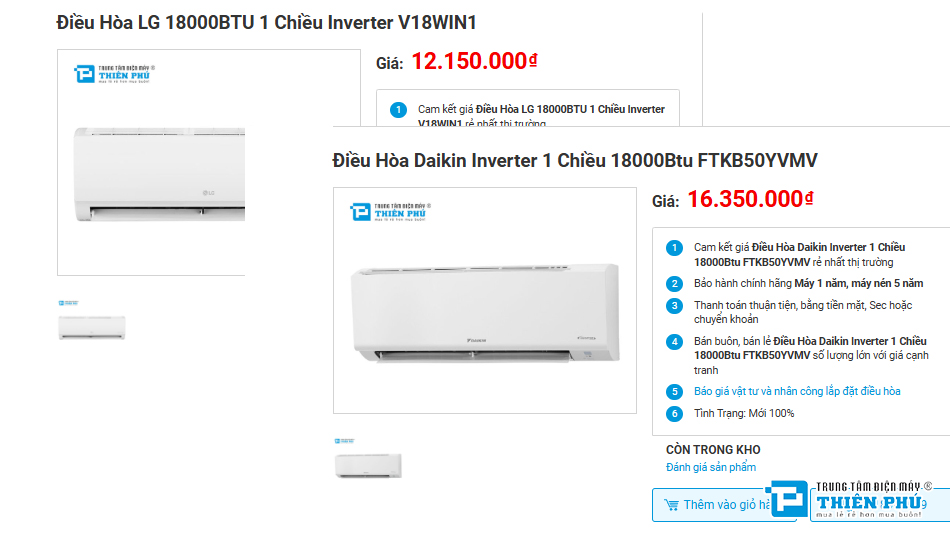 So sánh điều hòa LG 18000btu V18WIN1 hay Daikin FTKB50YVMV tốt hơn?