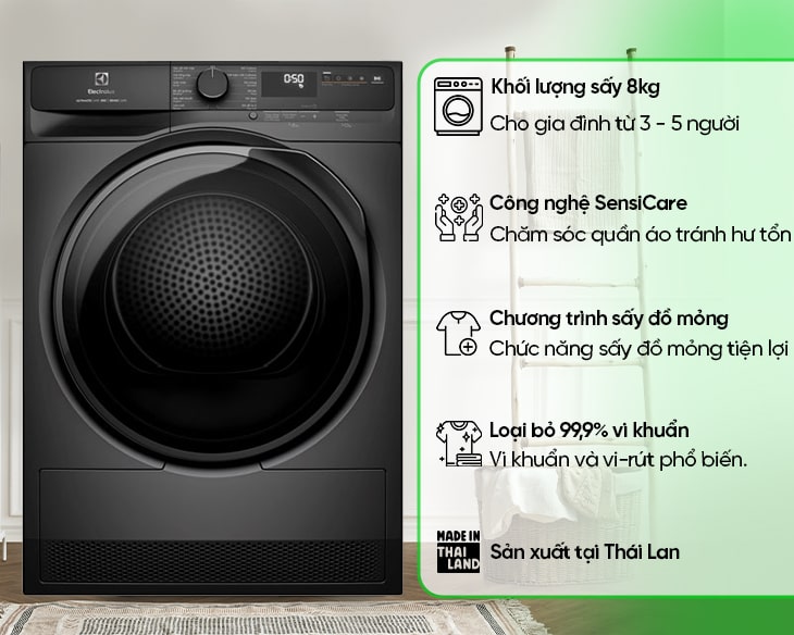 Máy sấy quần áo Electrolux EDH803J5SC công nghệ hiện đại ứng dụng thông minh
