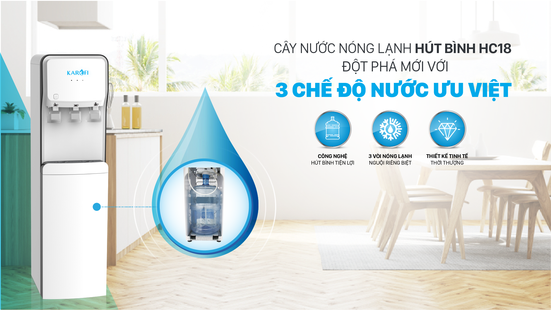 Cây nước nóng lạnh Karofi 3 vòi HC18 nâng tầm tiện nghi cho căn bếp hiện đại